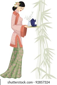 Beautiful Chinese Woman Holding A Tray With A Tea Set