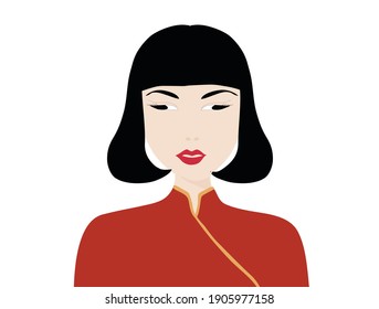 Beautiful Chinese woman in red dress isolated vector illustration.