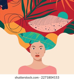 Beautiful Chinese woman with tropical leaf hair. Pattern.Illustration	