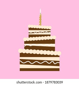 Beautiful chocolate birthday cake with candles, vector art illustration.