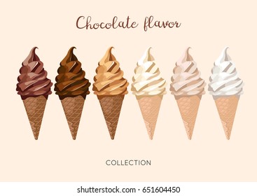 Beautiful chocolate, cocoa or coffee flavor ice cream in cones collection. Vector set of 6 ice cream illustrations with gradient from dark to bright, isolated