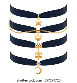 Beautiful choker necklaces set vector illustration. Jewelry with gold pendants and chain. Vector illustration. Good for beauty fashion jewel shop design.