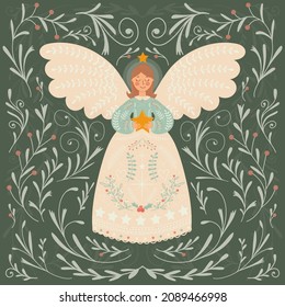 Beautiful christmas angel with a star. Christmas greeting card in folk style.