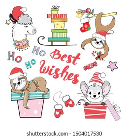 Beautiful Christmas animals llama, sloth, mouse and best wishes inscription on a white background