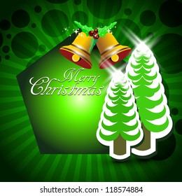 Beautiful Christmas background with bells, tree in shiny green color background.