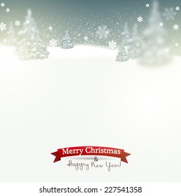 Beautiful Christmas background with blurred Christmas trees. White winter landscape. Vector Illustration