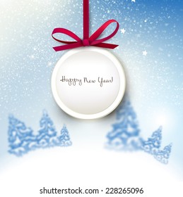 Hermoso fondo navideño con árboles de Navidad borrosos. Etiqueta con arco rojo. Cielo estrellado. Ilustración vectorial