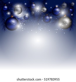 Beautiful Christmas Background with Decorated Pine Tree Branches & Realistic Silver Baubles. 3D Vector Illustration