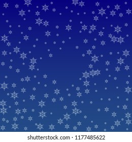 Beautiful Christmas Background with Falling Snowflakes.  Element of Design with Snow for a Postcard, Invitation Card, Banner, Flyer.  Vector Falling Snowflakes on a Blue Winter Background
