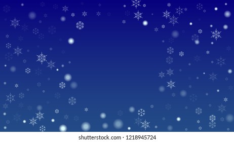 Beautiful Christmas Background with Falling Snowflakes.  Element of Design with Snow for a Postcard, Invitation Card, Banner, Flyer.  Vector Falling Snowflakes on a Blue Winter Background
