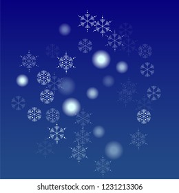 Beautiful Christmas Background with Falling Snowflakes.  Element of Design with Snow for a Postcard, Invitation Card, Banner, Flyer.  Vector Falling Snowflakes on a Blue Winter Background
