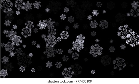 Beautiful Christmas Background with Falling Snowflakes.  Element of Design with Snow for a Postcard, Invitation Card, Banner, Flyer.  Vector Falling Snowflakes on a Black Winter Texture.
