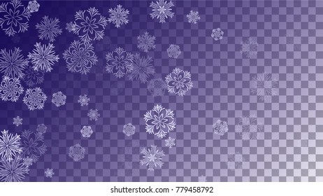 Beautiful Christmas Background with Falling Snowflakes.  Element of Design with Snow for a Postcard, Invitation Card, Banner, Flyer.  Vector Falling Snowflakes on a Blue Background