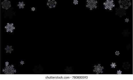 Beautiful Christmas Background with Falling Snowflakes.  Element of Design with Snow for a Postcard, Invitation Card, Banner, Flyer.  Vector Falling Snowflakes on a Black Winter Texture.