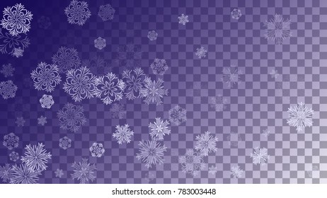 Beautiful Christmas Background with Falling Snowflakes.  Element of Design with Snow for a Postcard, Invitation Card, Banner, Flyer.  Vector Falling Snowflakes on a Blue Winter Background