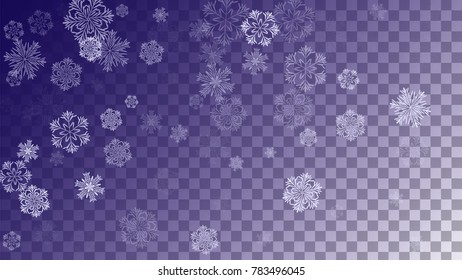 Beautiful Christmas Background with Falling Snowflakes.  Element of Design with Snow for a Postcard, Invitation Card, Banner, Flyer.  Vector Falling Snowflakes on a Blue Background