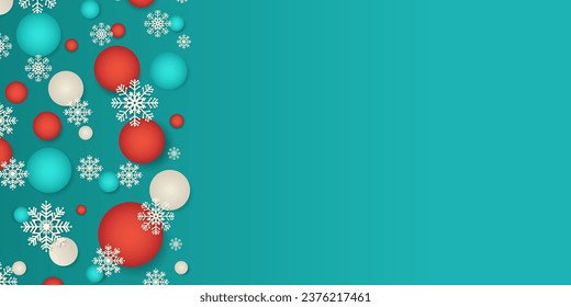 Beautiful Christmas background with festive red, white and turquoise balls, snowflakes with ornament and copy space. New Year background.