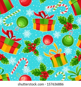 beautiful Christmas background with gifts, snowflakes and holly branches. vector illustration 