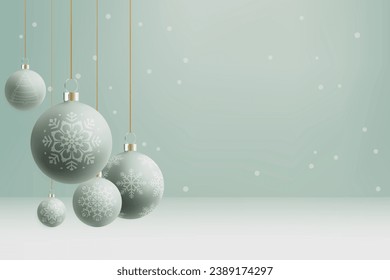 Beautiful Christmas background. Green holiday background with light green Christmas balls and snowflakes. Balls with patterns. Copy space for congratulatory text. Vector illustration for New Year's.