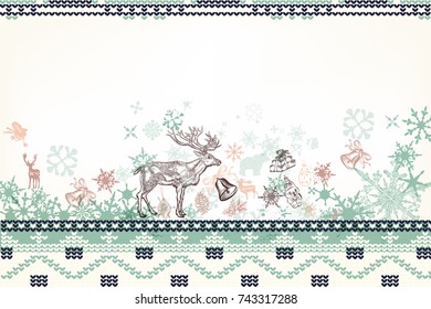 Beautiful Christmas background illustration with deer, snowflakes and knitted ornament