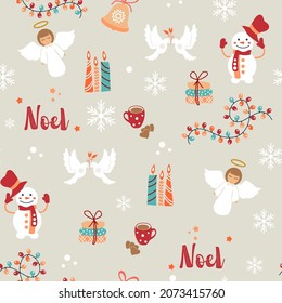 Beautiful Christmas background. Noel. Vector seamless. With angels, snowman, pigeons, gifts, candles, Noel. You can use the print on fabric, paper and more.