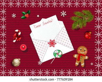 Beautiful Christmas background with open envelope and wish list inside. Xmas decoration om red knitted background with copy space. Vector illustration, template, border, frame for design.
