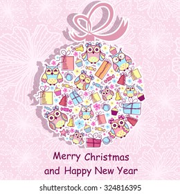 Beautiful Christmas background with owls, sweets, gifts on pink background with a pattern