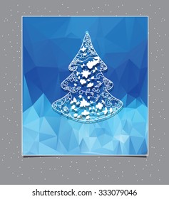 beautiful Christmas background with Christmas tree drawn by hand on a geometric blue background