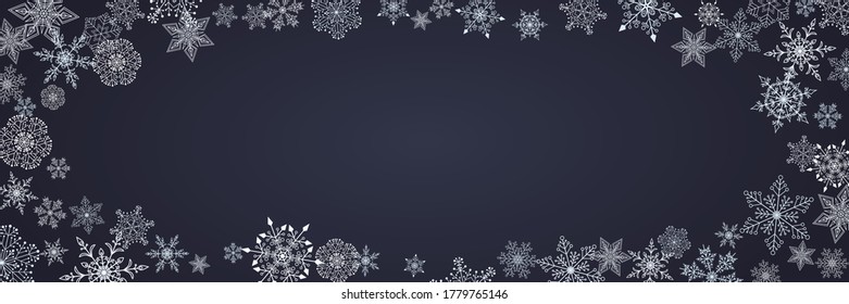 Hermoso fondo navideño con varios complejos copos de nieve grandes y pequeños aislados en la oscuridad. Diseño moderno y plano para el año nuevo y la navidad. Plantilla oscura de invierno. Patrón de marco de copos de nieve. Vector