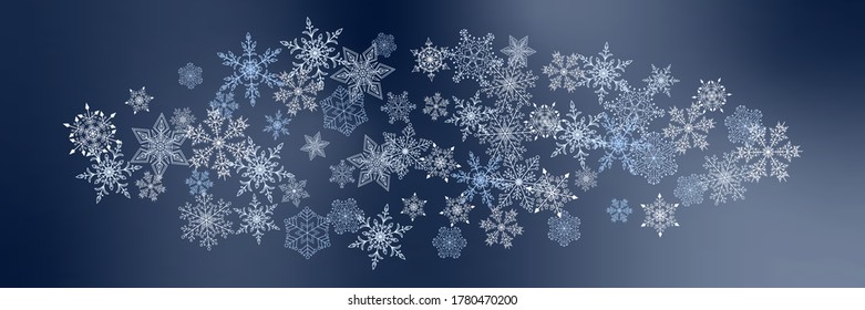 Beautiful Christmas background with various complex big and small snowflakes isolated on dark. Modern flat design for new year and christmas. Winter dark template. Snowflakes frame pattern. Vector