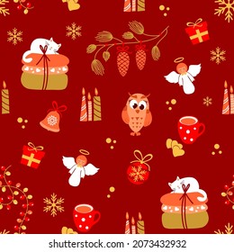 Beautiful Christmas background. Vector illustration, with angels, gifts, candles, owl.