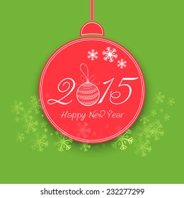 Beautiful Christmas ball with stylish text on snowflakes decorated green background for Happy New Year celebrations.