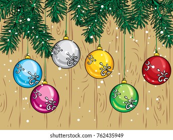 Beautiful Christmas balls and branches of a Christmas tree against a background of vintage wooden boards. Vector illustration. New Year's and Christmas.
