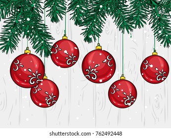 Beautiful Christmas balls and branches of a Christmas tree against a background of vintage wooden boards. Vector illustration. New Year's and Christmas.
