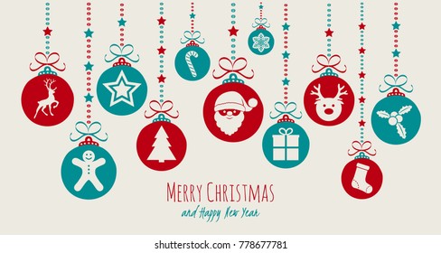 Beautiful Christmas balls with decorative elements and wishes. Vector.