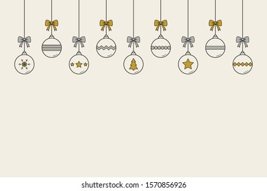 Beautiful Christmas balls hanging on white background with copyspace. Xmas ornament. Vector