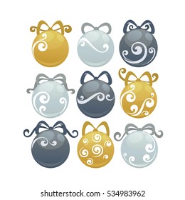 Bellas pelotas de navidad puestas. Ilustración vectorial. Aislado en blanco.