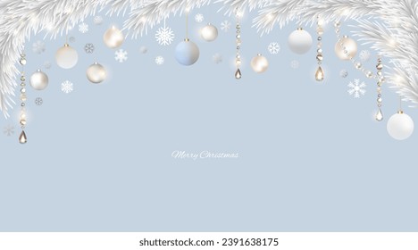 Beautiful Christmas balls. Christmas tree. New Year illustration. Holiday decorations. Snowflakes. Winter. December. Garland.