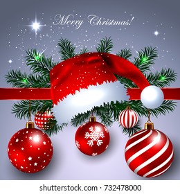 Beautiful Christmas Banner with Santa Claus' Red Hat & Realistic Decoration Balls on Pine Tree Branches. 3D Vector Illustration