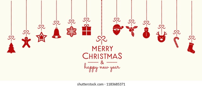 Beautiful Christmas banner with vintage hanging decorations. Vector.