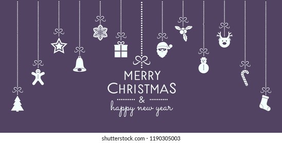 Beautiful Christmas banner with vintage hanging decorations. Vector.