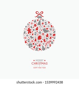 Beautiful Christmas bauble with festive icons and wishes. Xmas greeting card. Vector