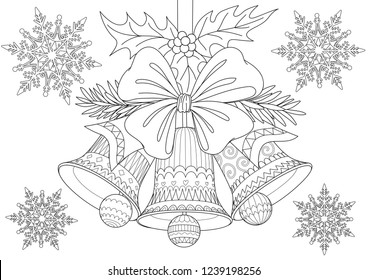 Beautiful Christmas bells,bow and leaves with falling snowflakes for cards, illustration and coloring book page for anti stress. Stock Vector