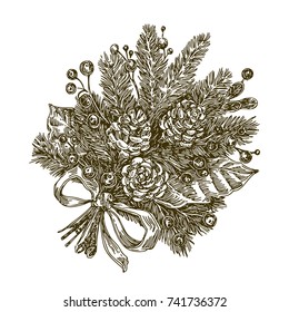 Beautiful Christmas bouquet with fir tree branches and cones. Vintage style. Sketch. Vector illustration.