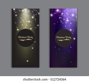 Beautiful Christmas brochure templates in purple and gold colors. Star dust, sparkles, shining stars and light. Flyer party template, celebration design. Happy New Year Christmas background.