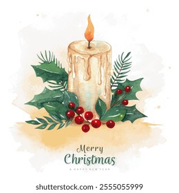 Beautiful Christmas candle with holly berry and green leaf decoration watercolor design, vector illustration