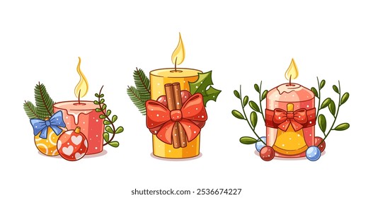 Beautiful Christmas Candles Decorated With Holly Berries And Ribbons Creating Festive And Cozy Atmosphere