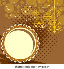 Beautiful Christmas card with abstract element, golden shiny color, snowflakes, stars, in brown background for Christmas & other occasions.