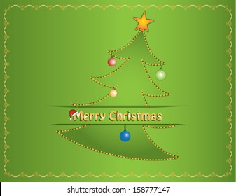 Beautiful christmas card design. Golden and green colored christmas decoration with christmas tree, decorative frame and colorful christmas globes. Abstract easy to edit christmas decoration. 