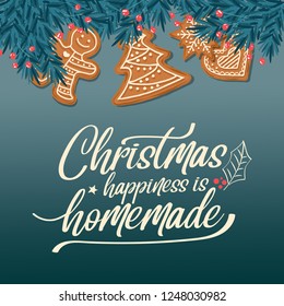 Beautiful Christmas card with fir branches and gingerbread. Christmas background
